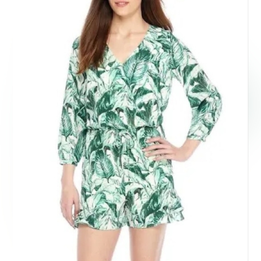 Kaari Blue Green Tropical Leaf Print Romper size Small
